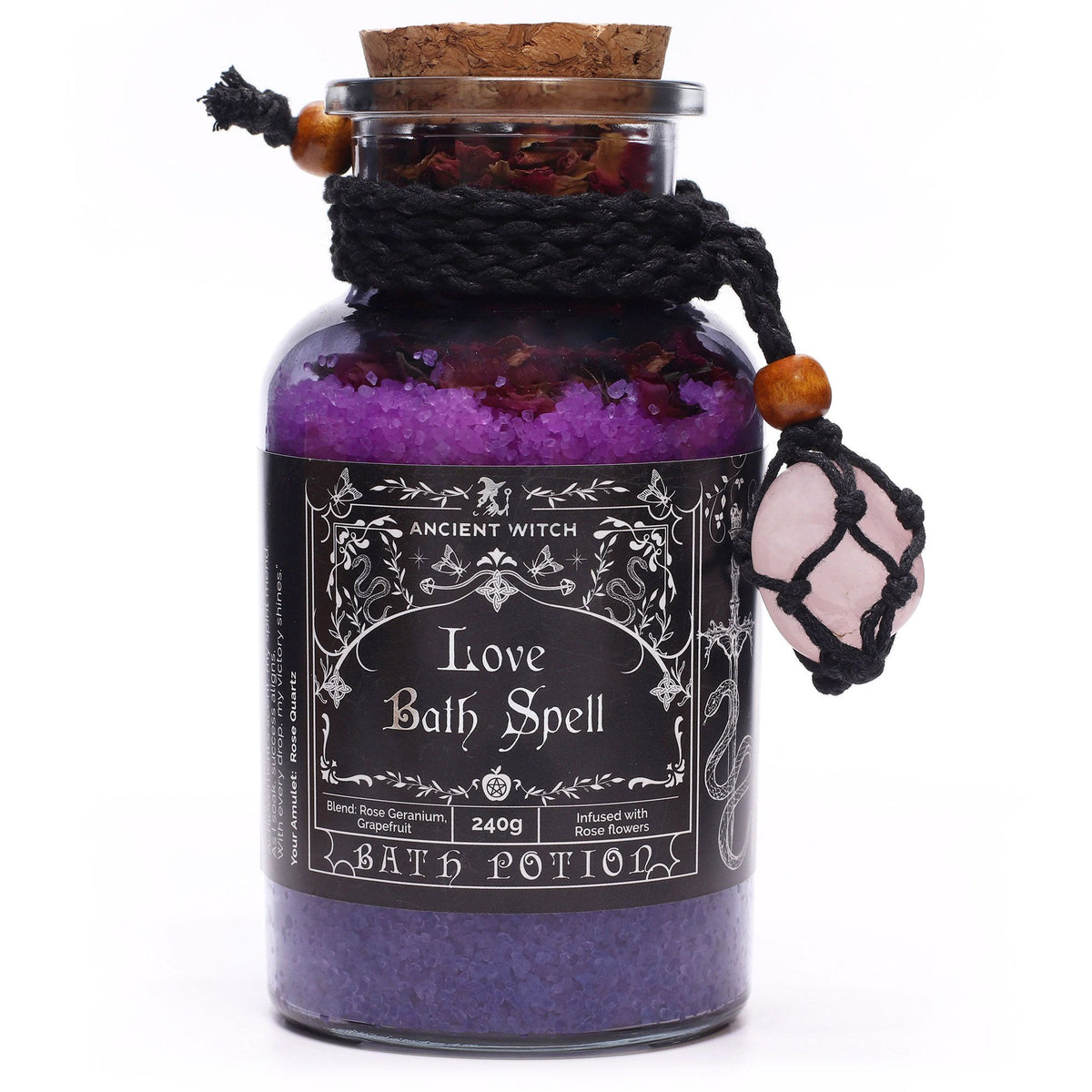 Antiguo hechizo de baño de bruja, poción y amuleto de cristal de cuarzo rosa - Amor
