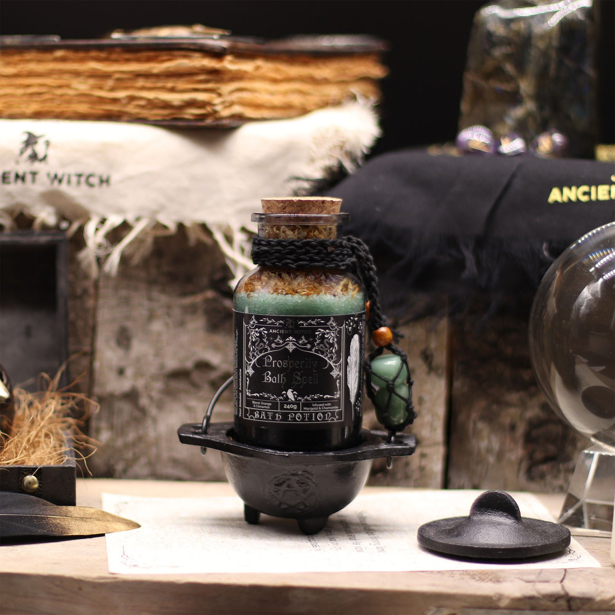 Poción de hechizo de baño de bruja antigua y amuleto de cristal de aventurina - prosperidad