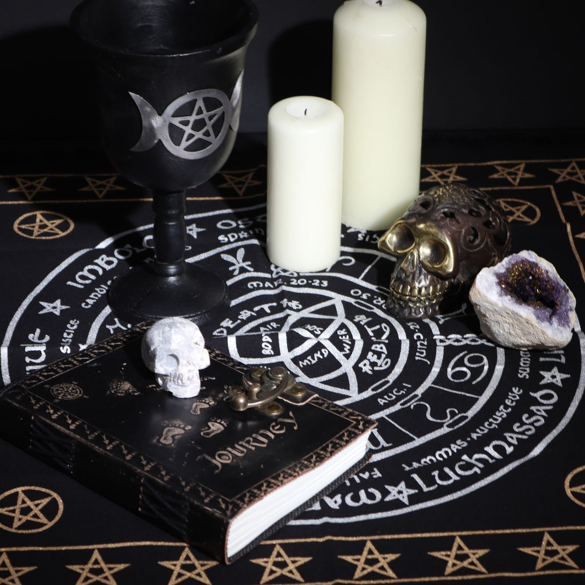 Mantel de altar esotérico con flecos - Vida Muerte Renacimiento