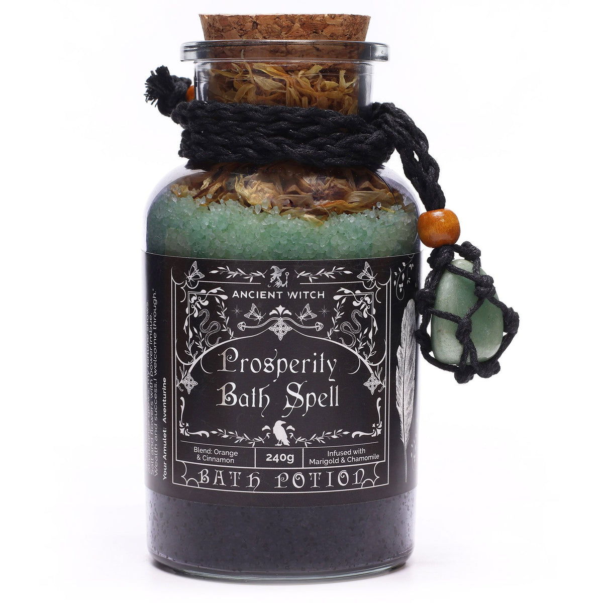 Poción de hechizo de baño de bruja antigua y amuleto de cristal de aventurina - prosperidad